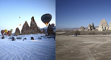 Kapadokya'da bir yılda yaşanan kuraklık aynı açıdan çekilen görsellerde