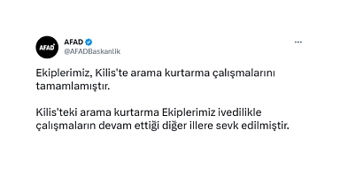 AFAD'ın Kilis'teki arama kurtarma çalışmaları tamamlandı